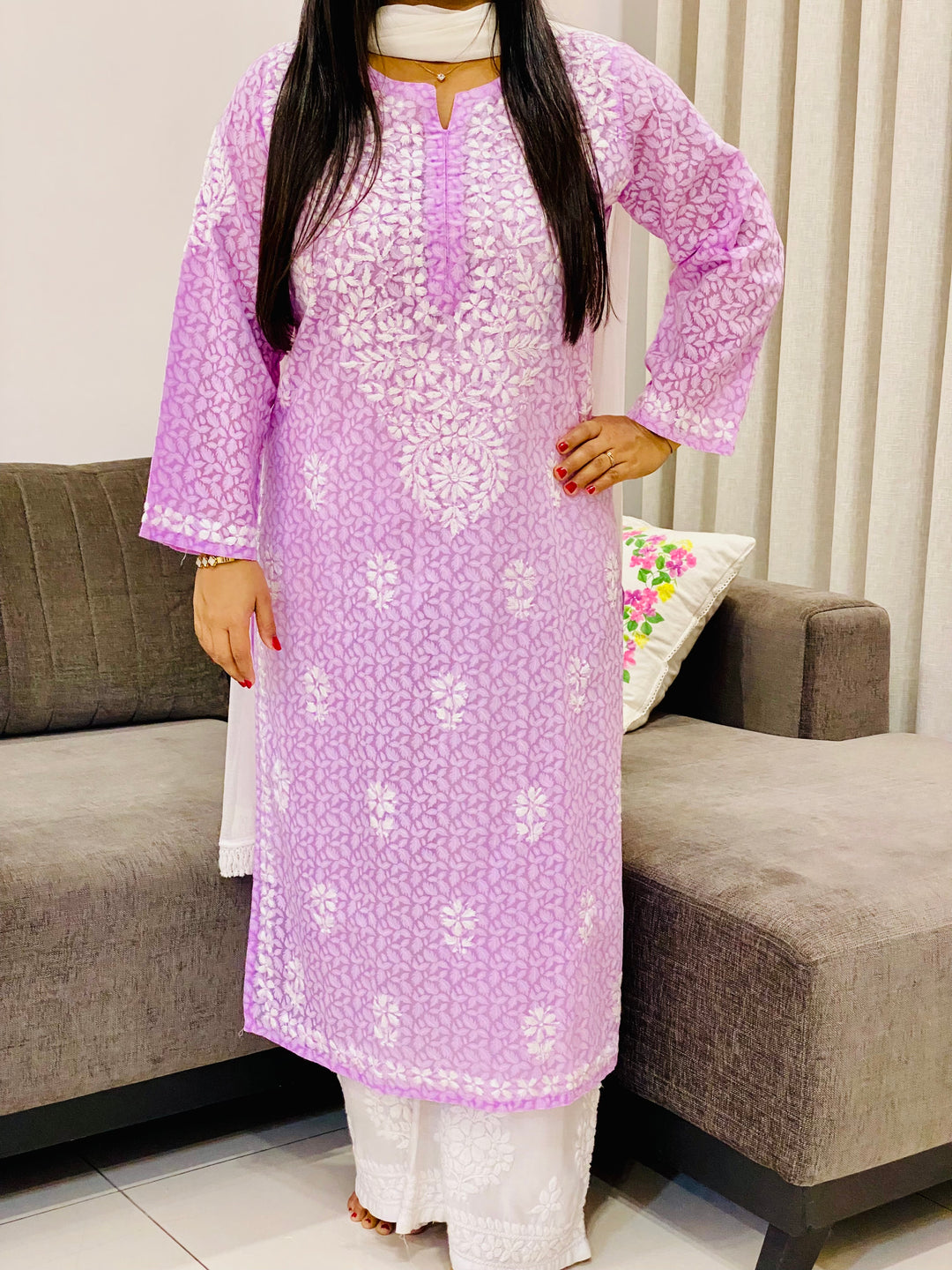 Lilac Aadita Mulmul Cotton Chikankari Handwork Women's Floral Long Kurta