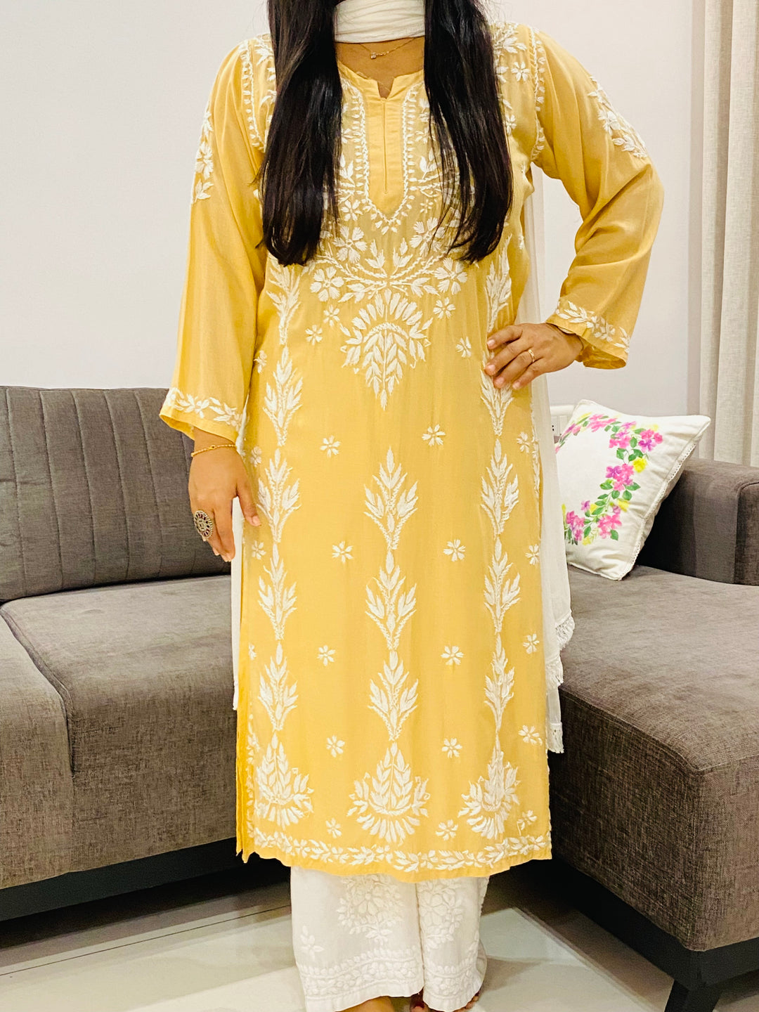 Beige Zareen Premium Modal Chikankari Solid Women's Long Kurta