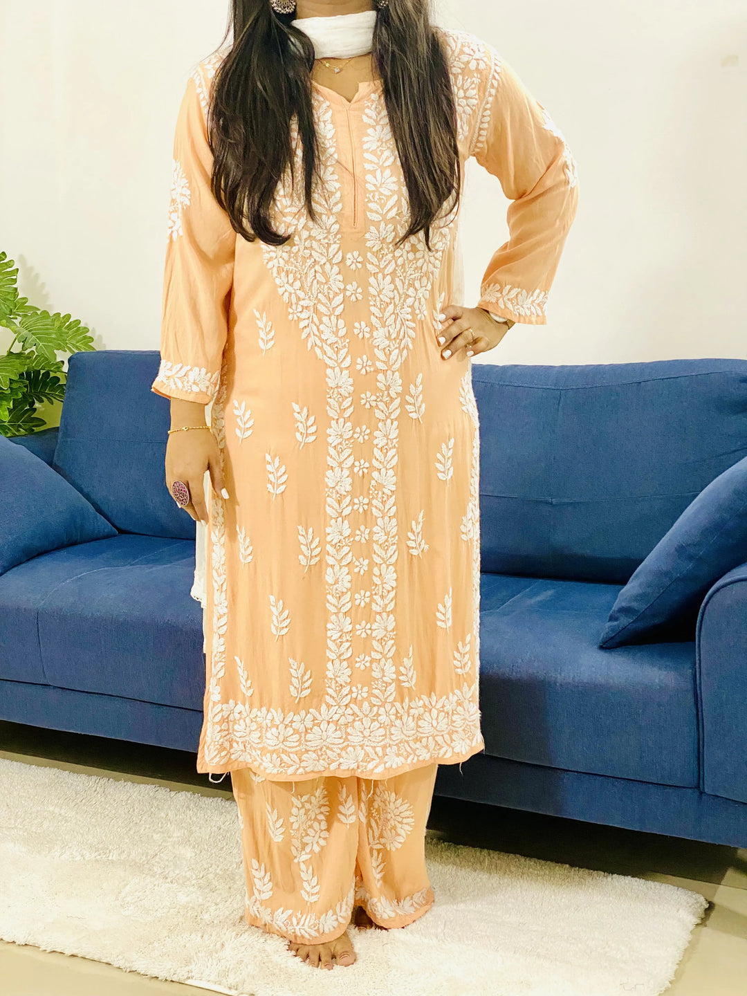Peach Anaisha Rayon Chikankari Women's Solid Kurta Palazzo Set
