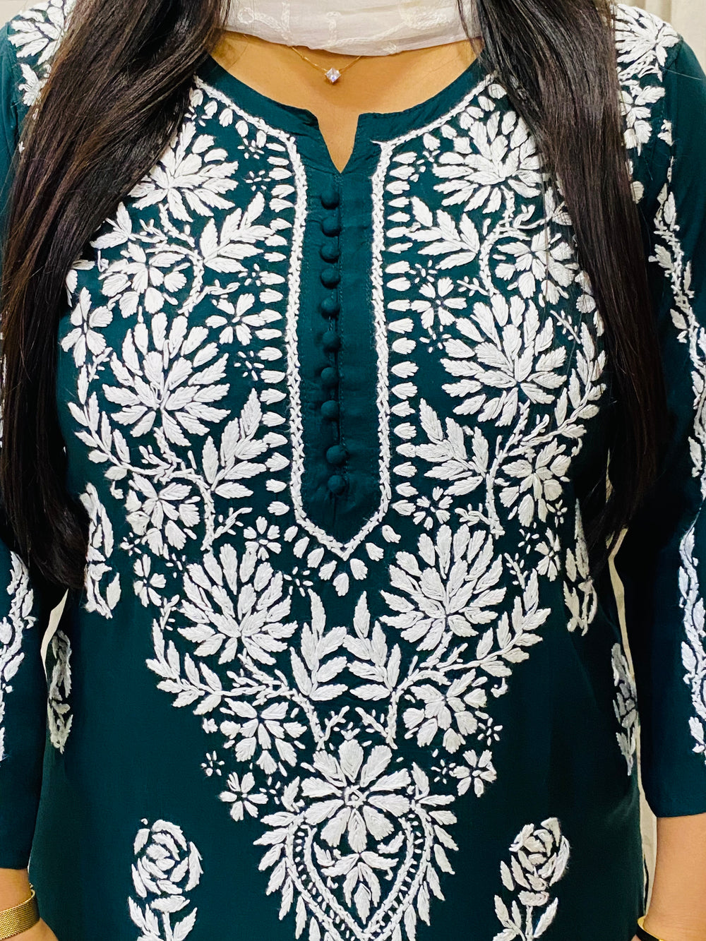 Bottle Green Naaz Premium Modal Chikankari Women's Solid Long Kurta