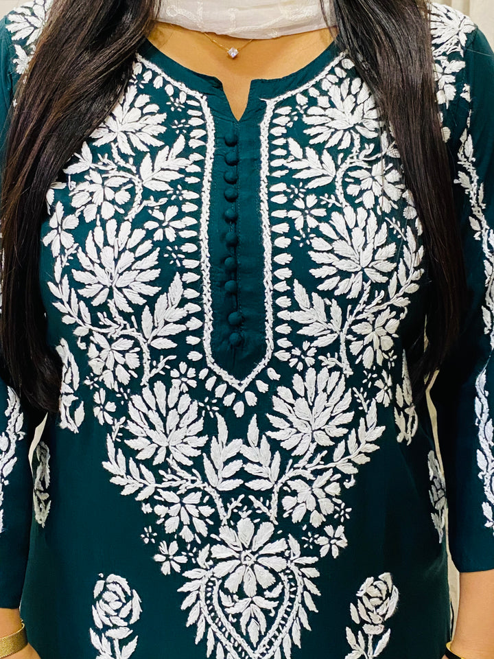 Bottle Green Naaz Premium Modal Chikankari Women's Solid Long Kurta