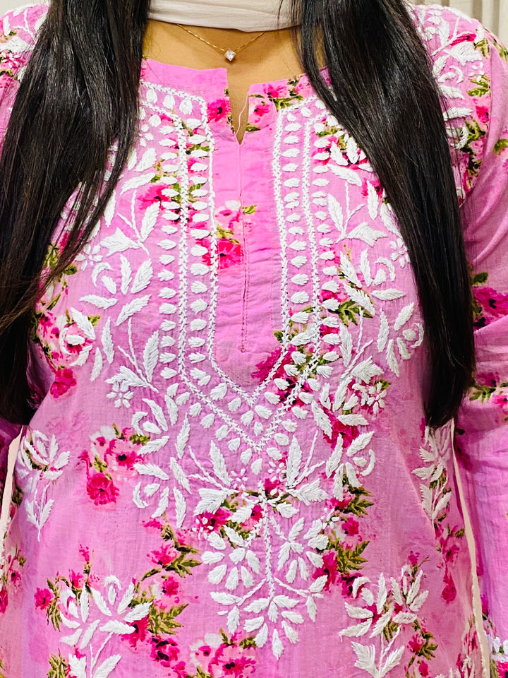Pink Diana Mulmul Chikankari Floral Women's Long Kurta Palazzo Set