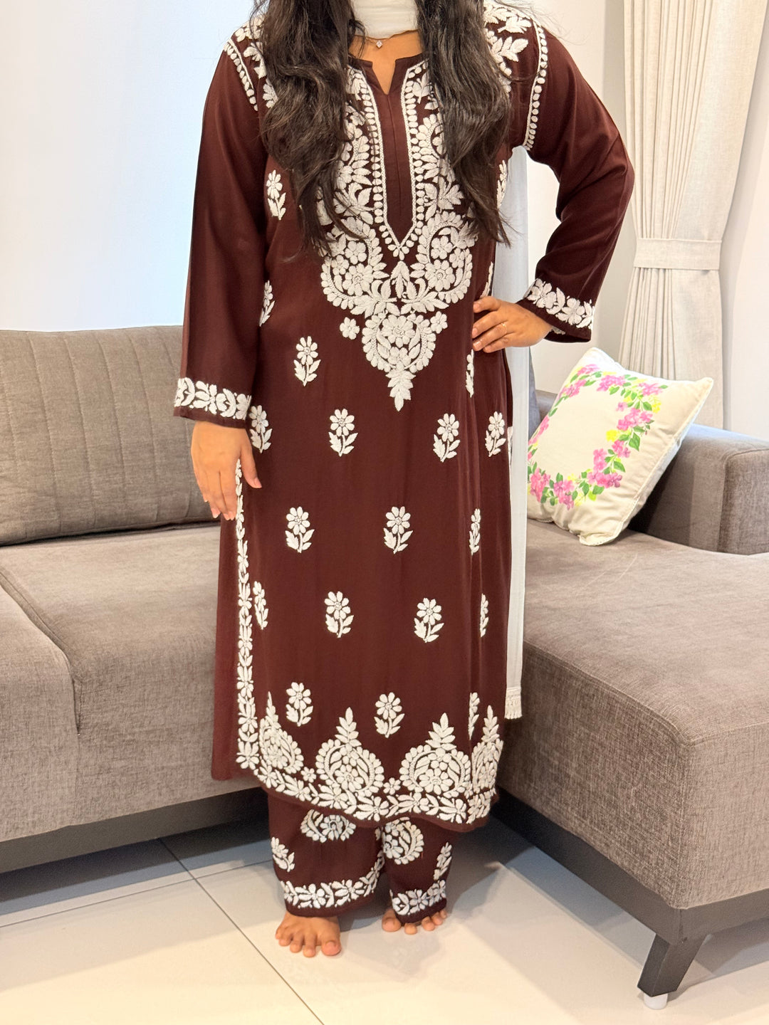 Brown Sangriya Rayon Chikankari Handwork women kurta palazzo set