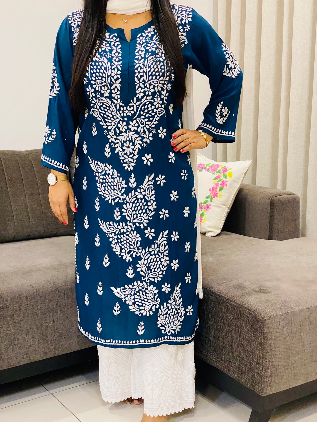 Teal Blue Esha Premium Modal Chikankari Solid Women's Kurta