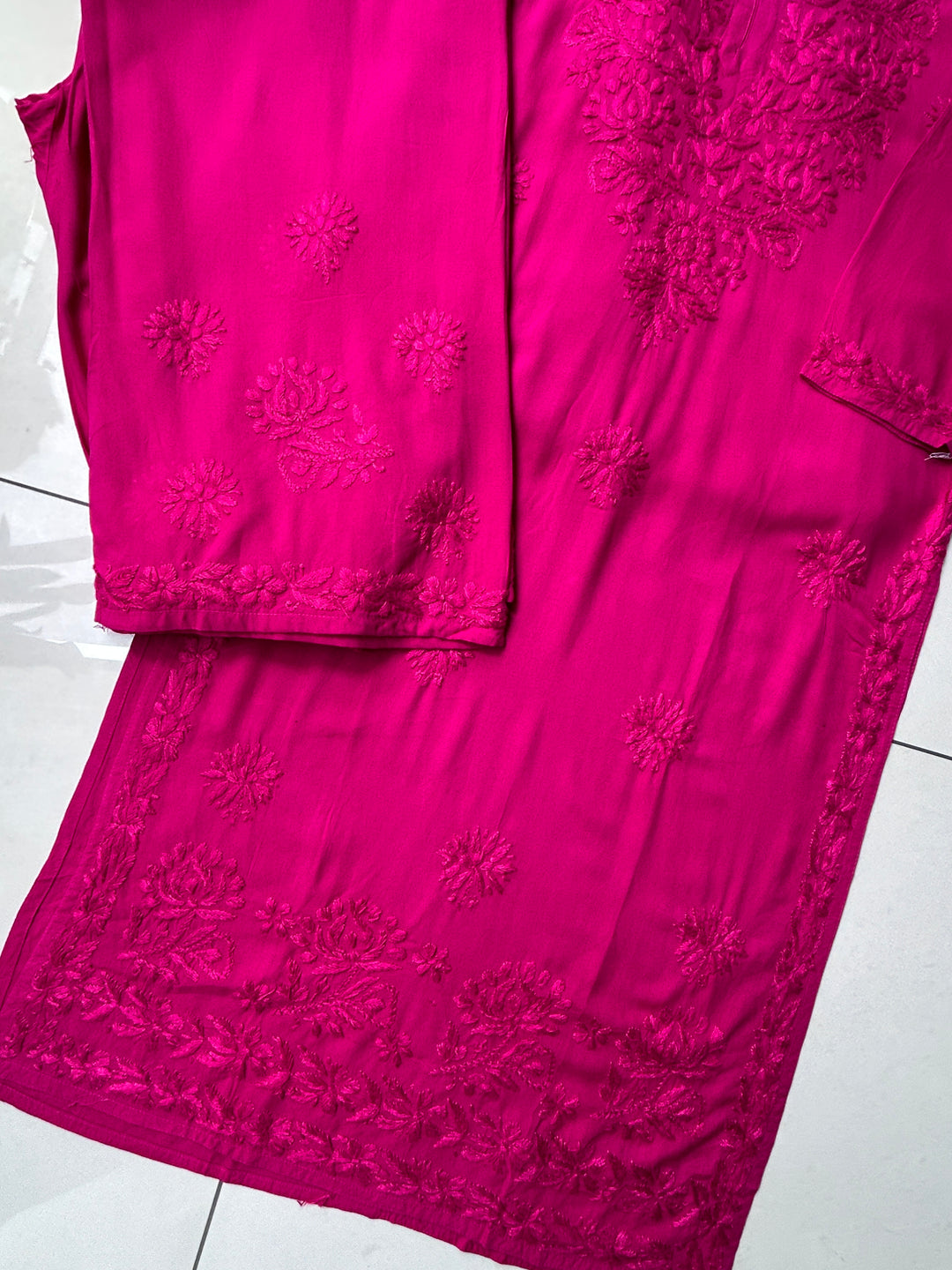 Rani Pink Palak Premium Chikankari Hand Embroidered Kurta Palazzo Set