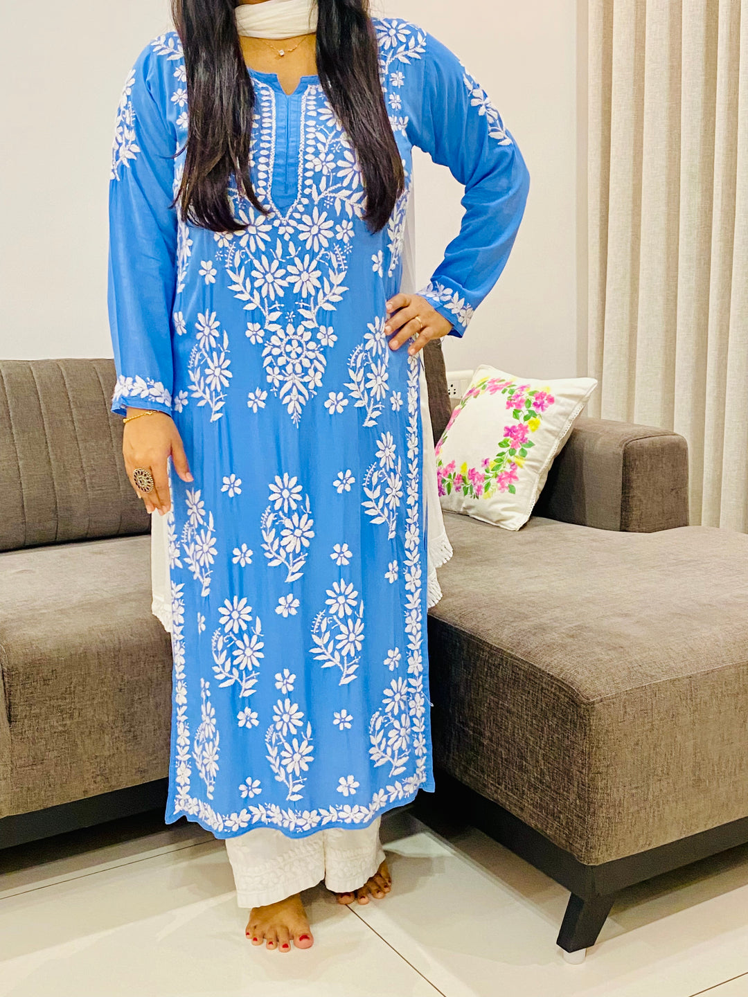 Powder Blue Afsana Modal Chikankari Solid Women's Long Kurta