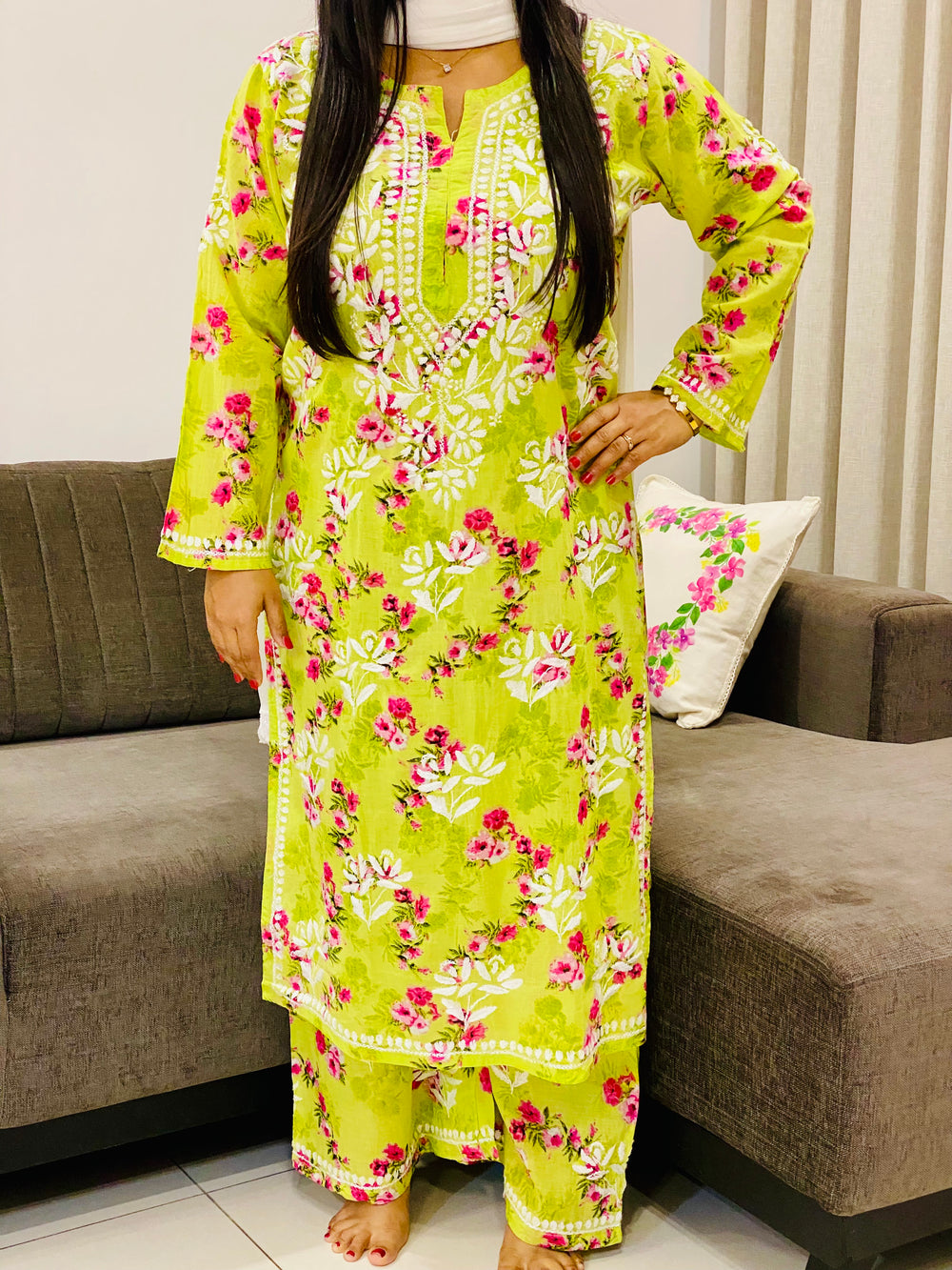 Green Diana Mulmul Chikankari Floral Women's Long Kurta Palazzo Set
