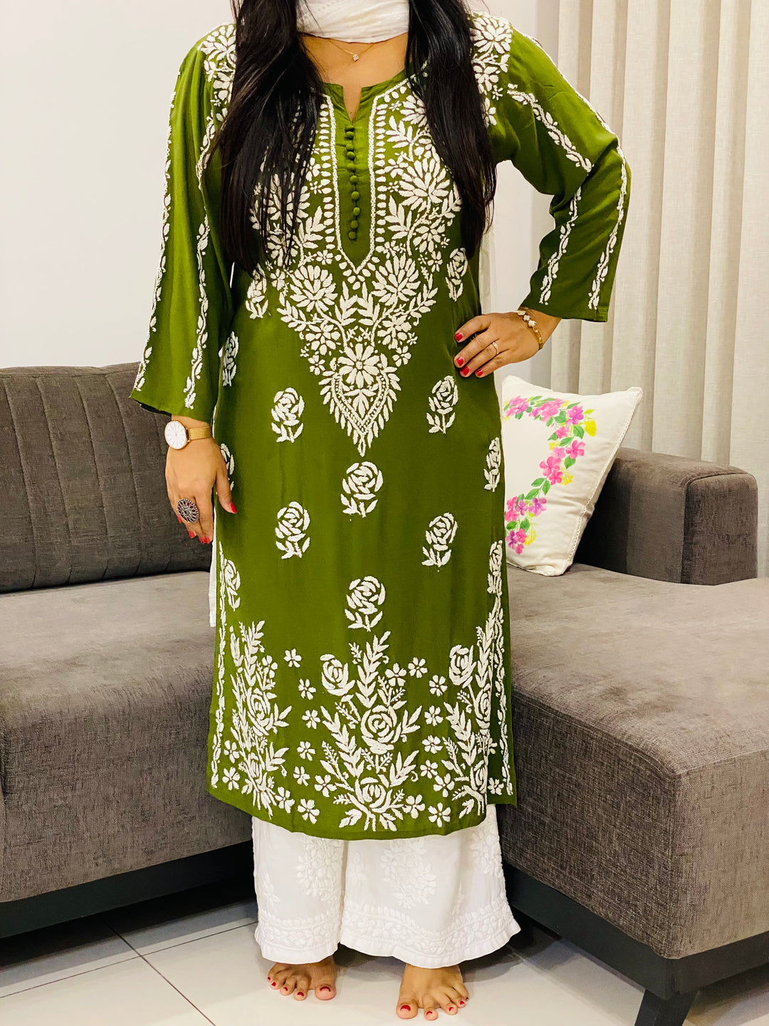 mahendi Naaz Premium Modal Chikankari Women's Solid Long Kurta