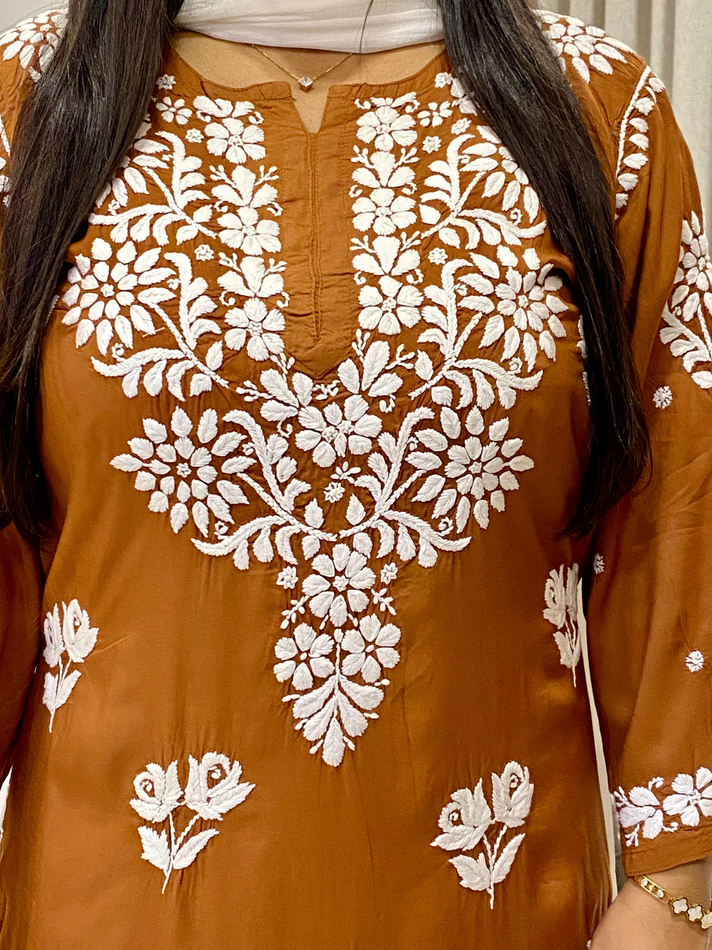 Brown Bahar Premium Modal Chikankari Women's Long Solid Kurta