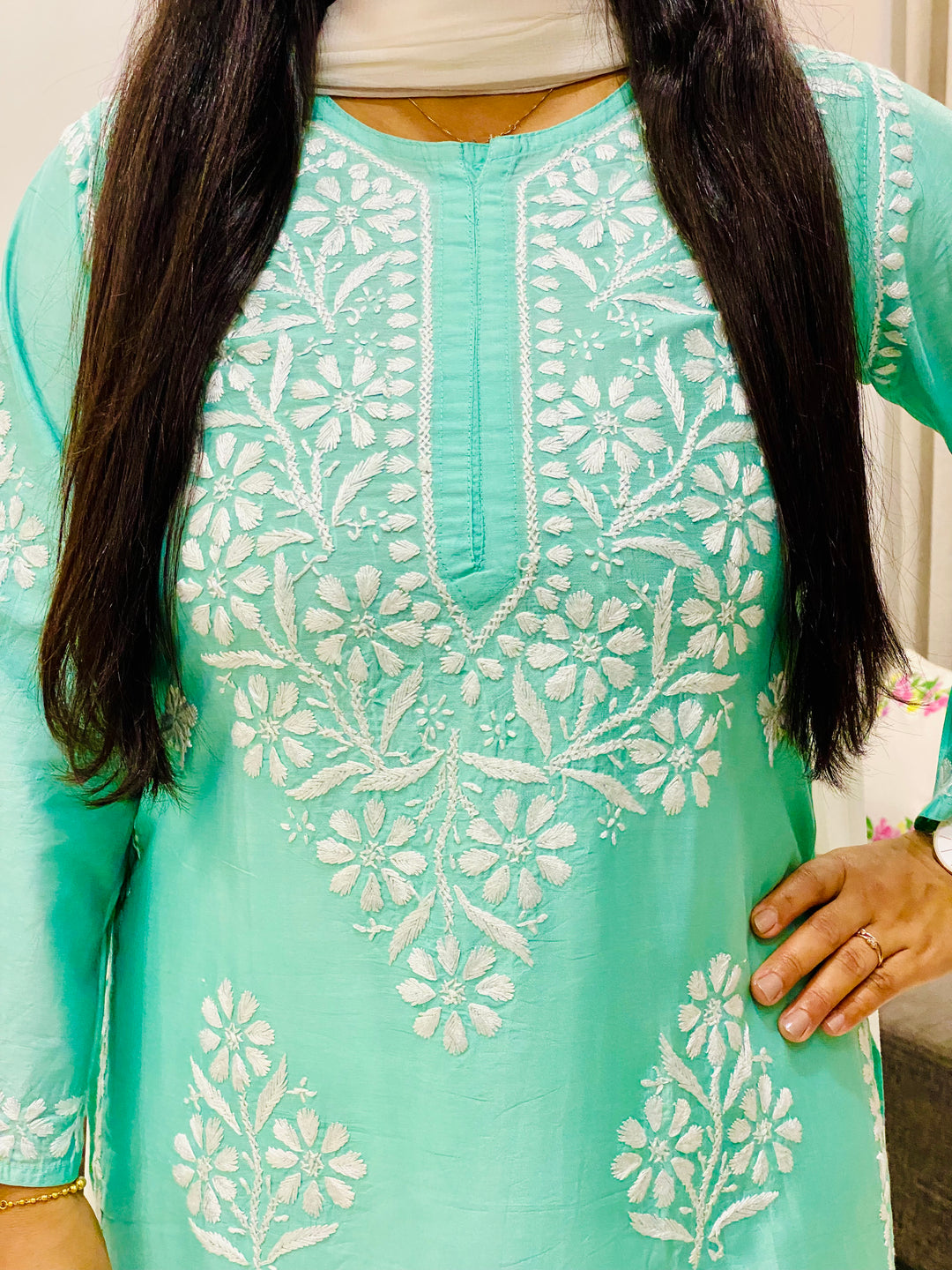 Aqua Rida Premium Chanderi Chikankari Women's Solid Long Kurta