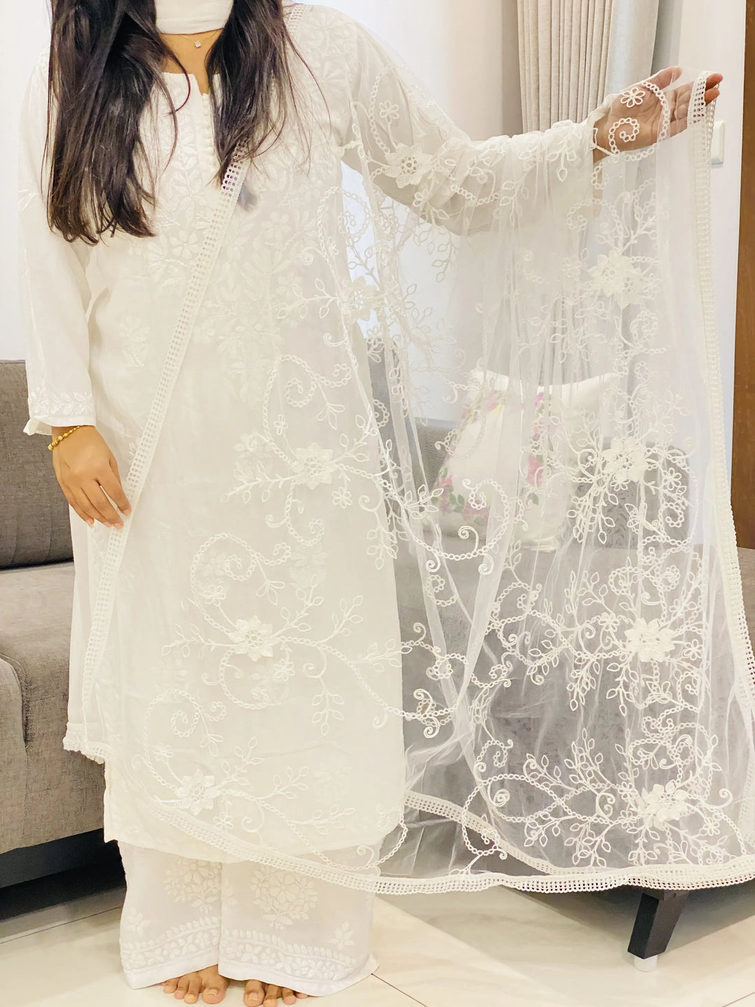 White Fancy Aari Soft Net Dupatta