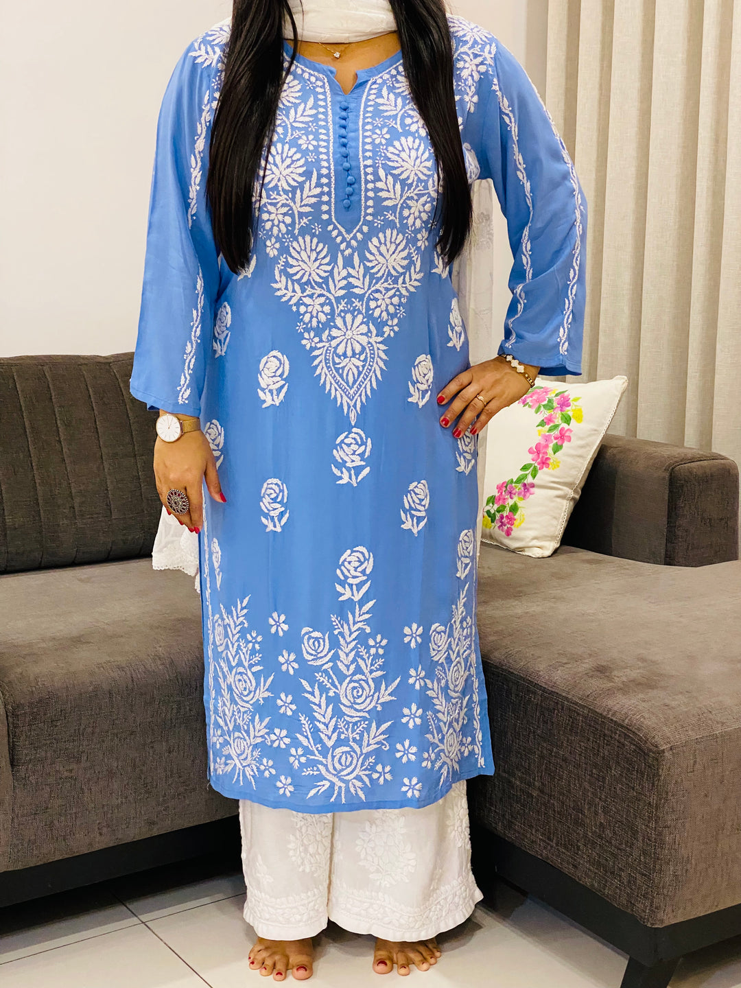 Powder Blue Naaz Premium Modal Chikankari Women's Solid Long Kurta