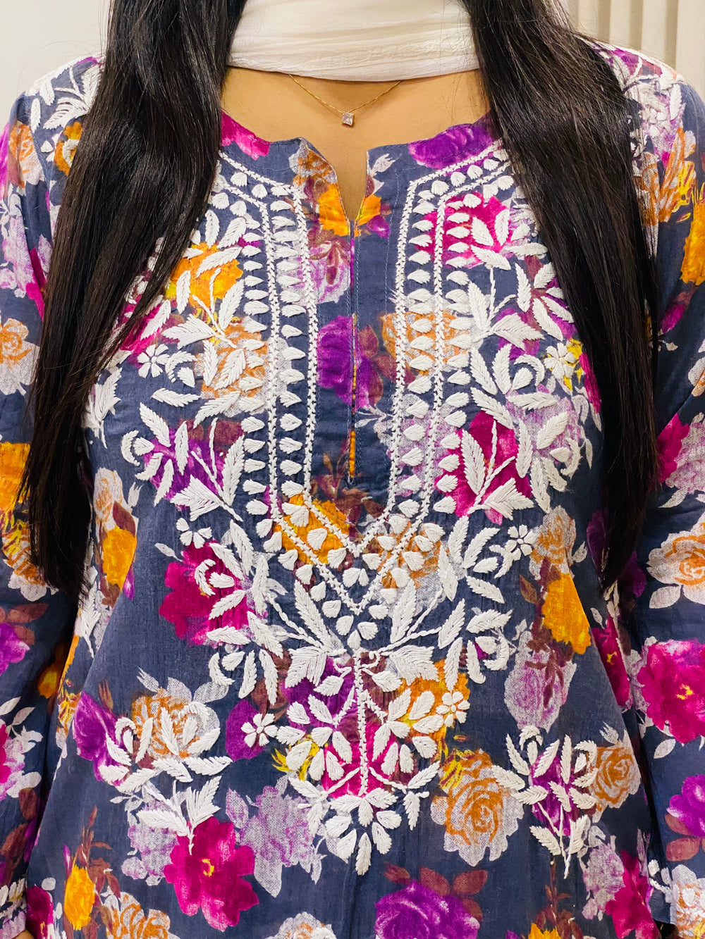Charcoal Diana Mulmul Chikankari Floral Women's Long Kurta Palazzo Set