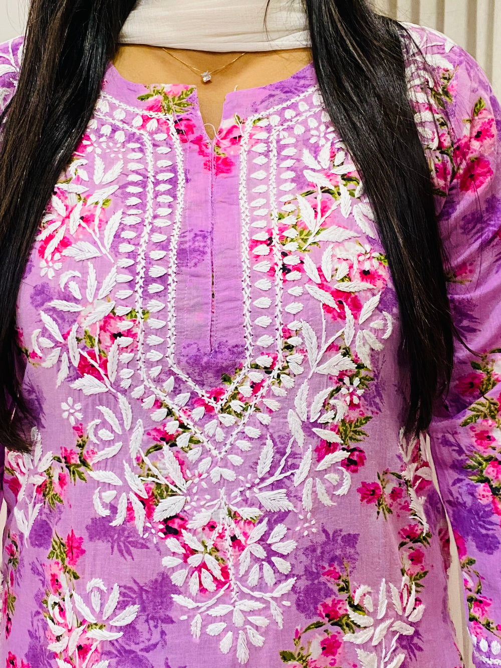 Lilac Diana Mulmul Chikankari Floral Women's Long Kurta Palazzo Set