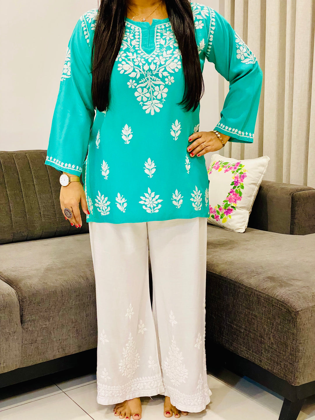 Rama Parnika Rayon Chikankari Solid Women's Short Kurta