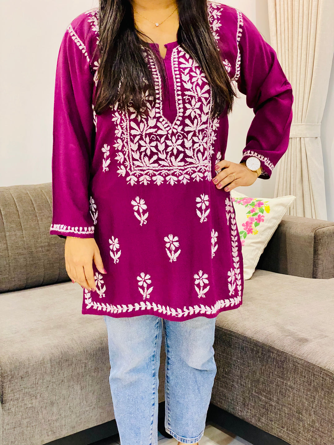Wine isha Rayon Chikankari Handwork Solid Women's Short Kurta
