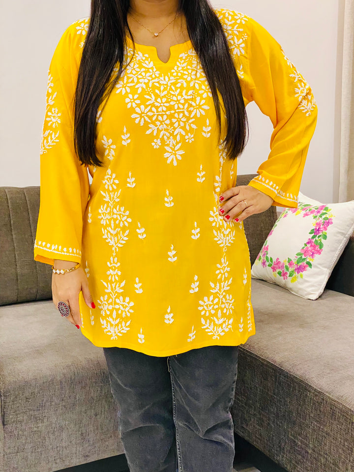 Mango Yellow Ayat Chikankari Handwork Women's Modal Short Kurta