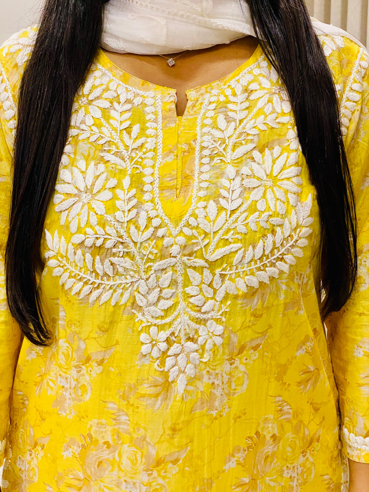 Yellow Vaani Mulmul Chikankari Hand Embroidered Floral Women's co-ord set