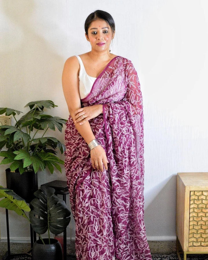 Hansa Tapchi Chikankari Hand Embroidered Women's Saree - Wine