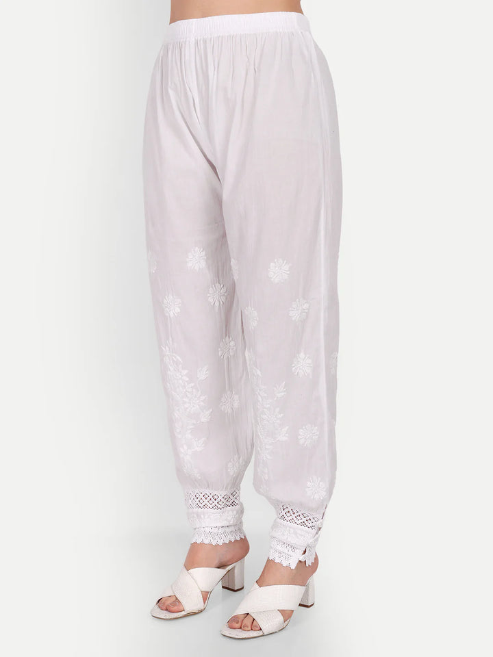 Afghani Chikankari Hand Embroidered Pant - White
