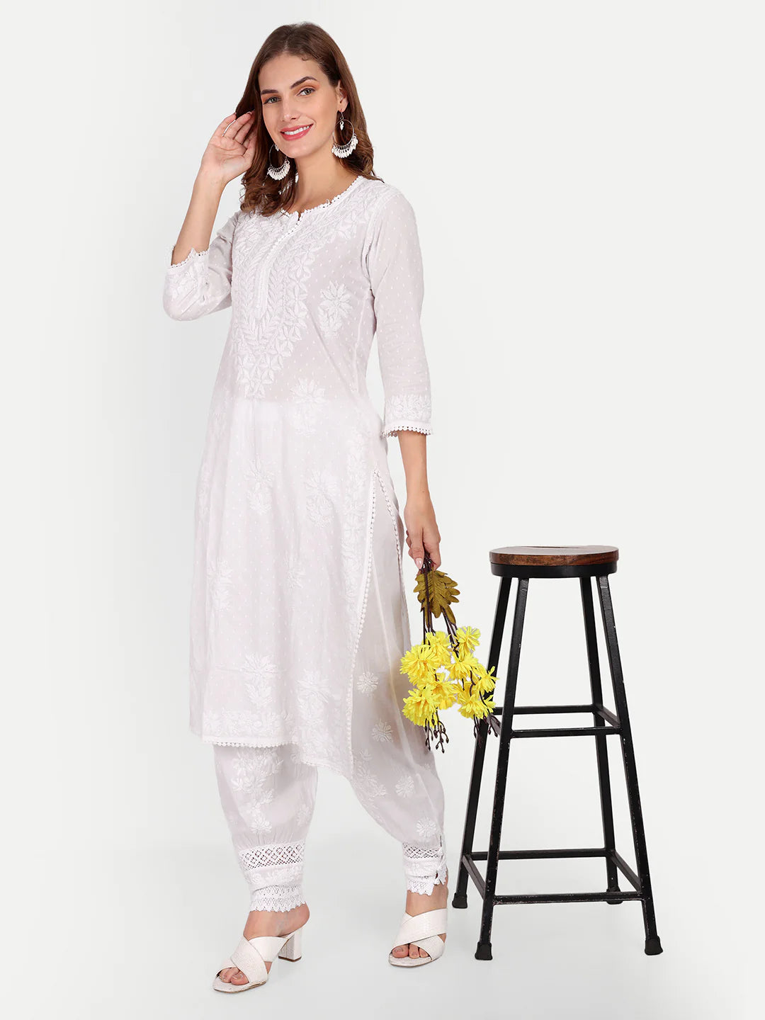 Afghani Chikankari Hand Embroidered Pant - White