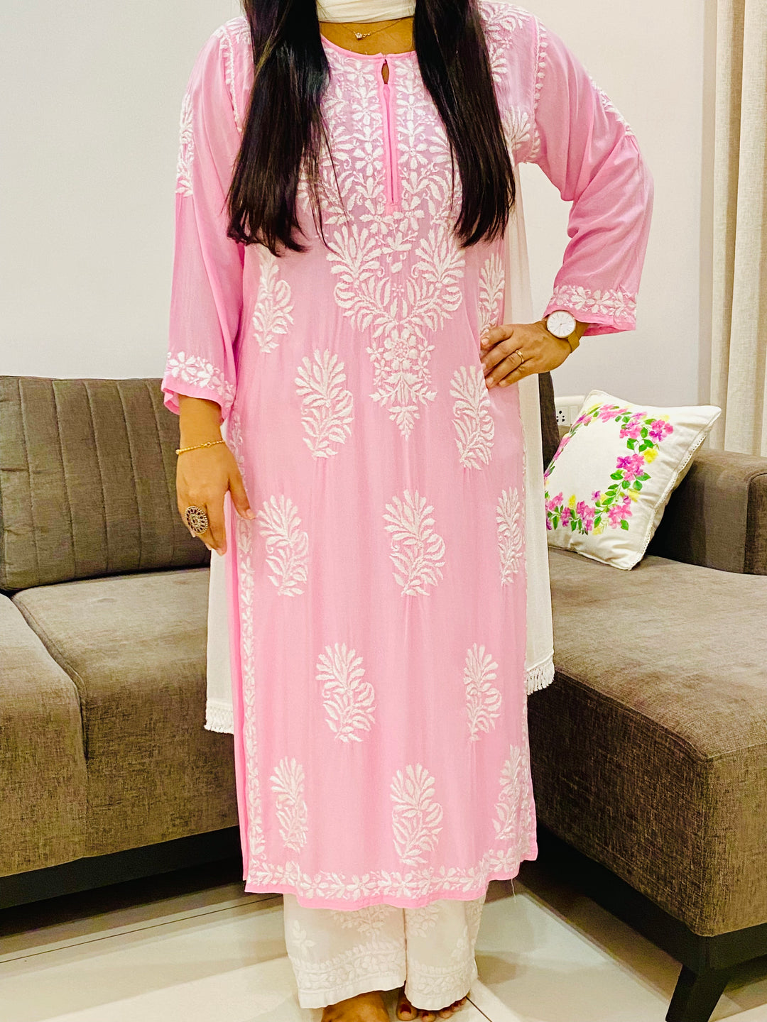 Baby Pink Kaira Modal Chikankari Hand Embroidered Women's Long Kurta