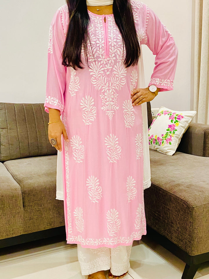 Baby Pink Kaira Modal Chikankari Hand Embroidered Women's Long Kurta