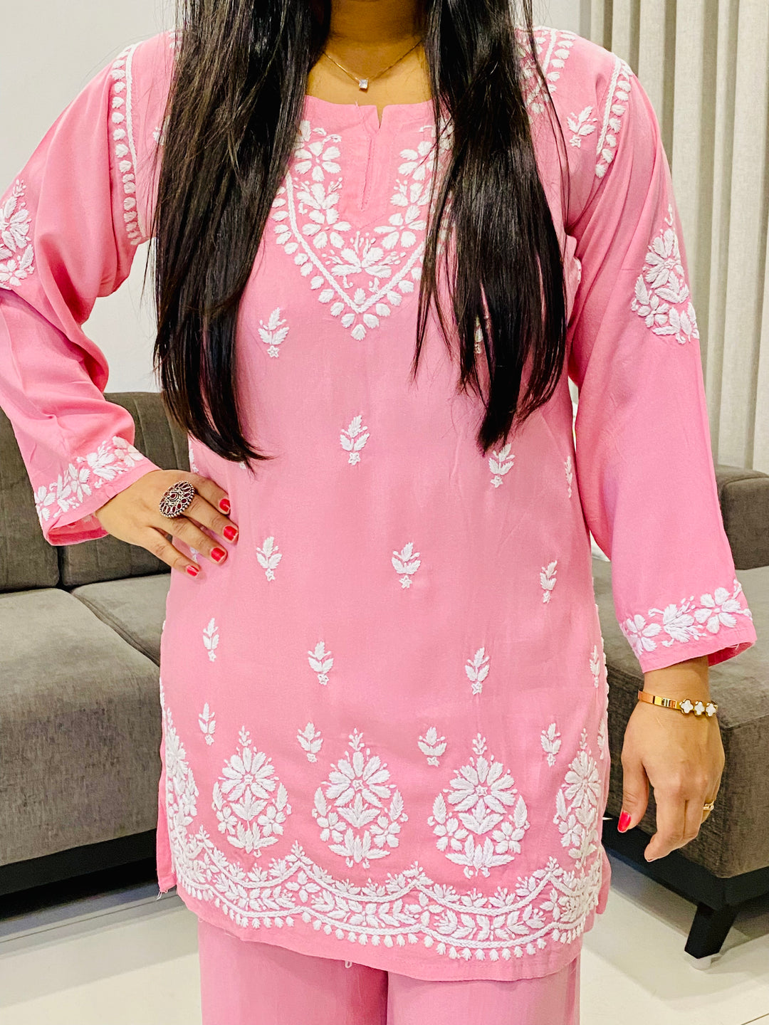 Rose Pink Trisha Rayon Chikankari Handwork Women's Co-ord Set