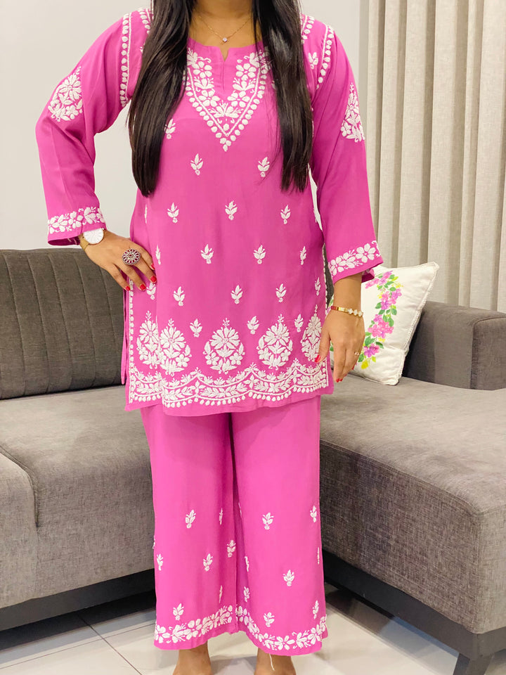 Dark Pink Trisha Rayon Chikankari Handwork Women's Co-ord Set