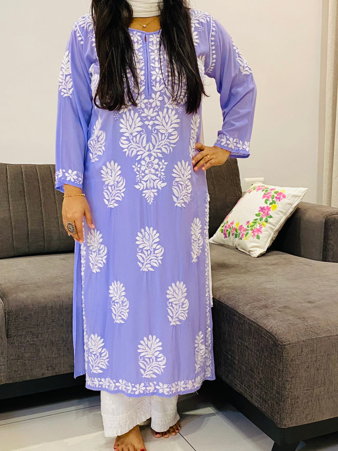 Lavender Kaira Modal Chikankari Hand Embroidered Women's Long Kurta