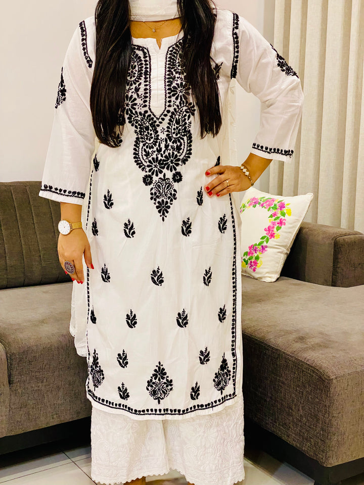 White Weda Mulmul Cotton Chikankari Women's Solid Long Kurta