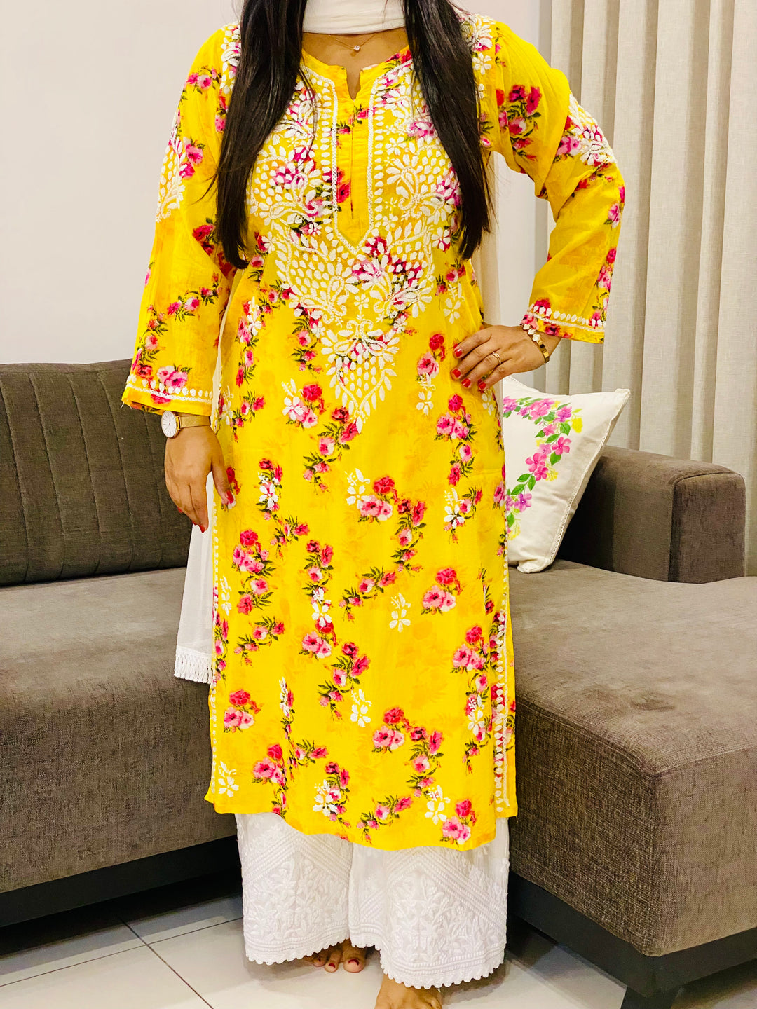Yellow Dvita Mulmul Chikankari Floral Women's Long Kurta