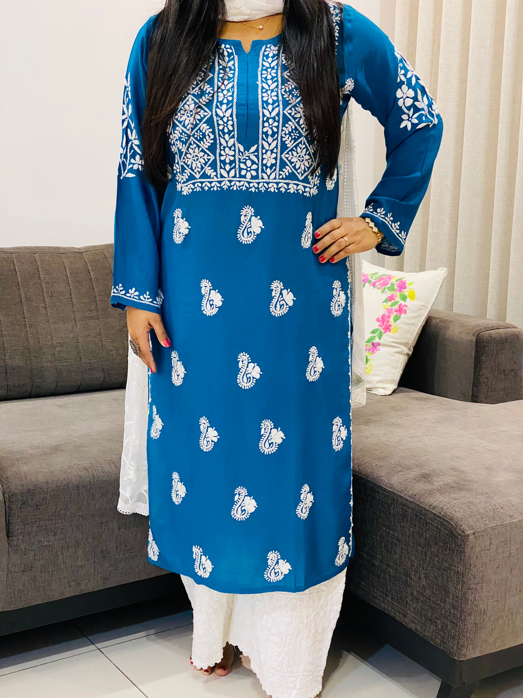 Teal Blue Nora Premium Modal Chikankari Solid Women's Kurta