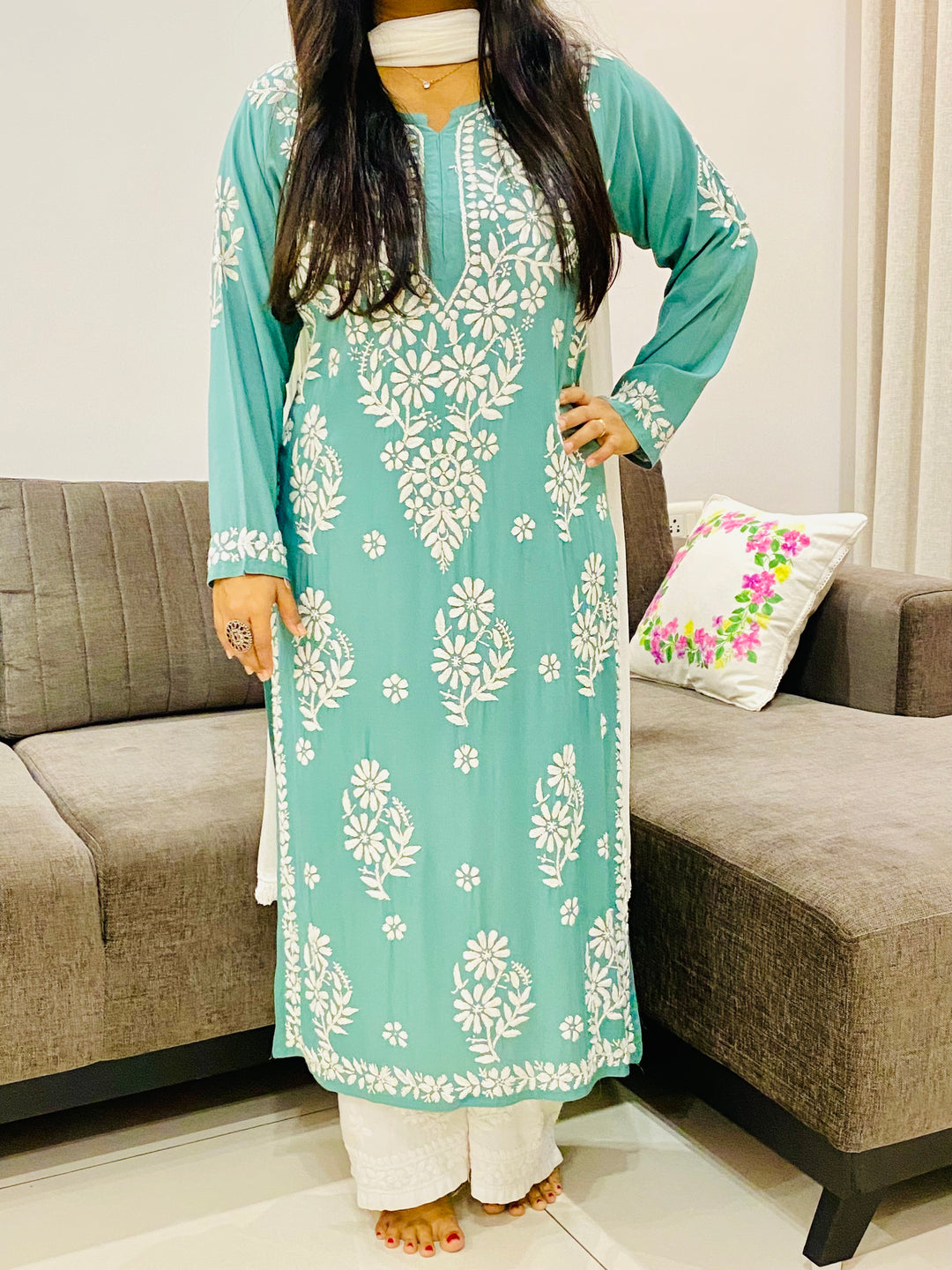 Army Green Afsana Modal Chikankari Solid Women's Long Kurta