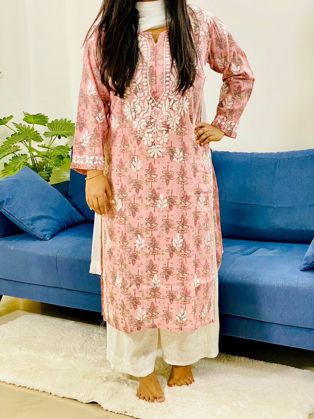 Onion Pink Inayat Cotton Chikankari Hand Embroidered Women's Long Kurta