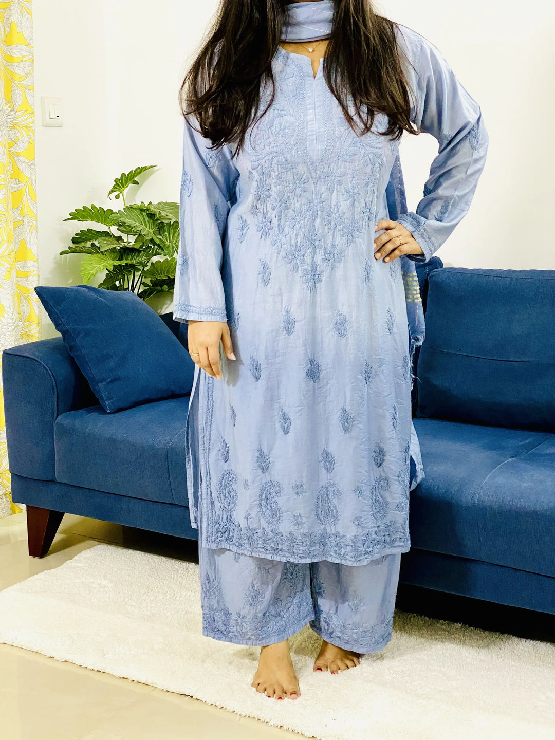Grey Maven Chanderi Chikankari Ombre Women's Kurta Palazzo Dupatta Set