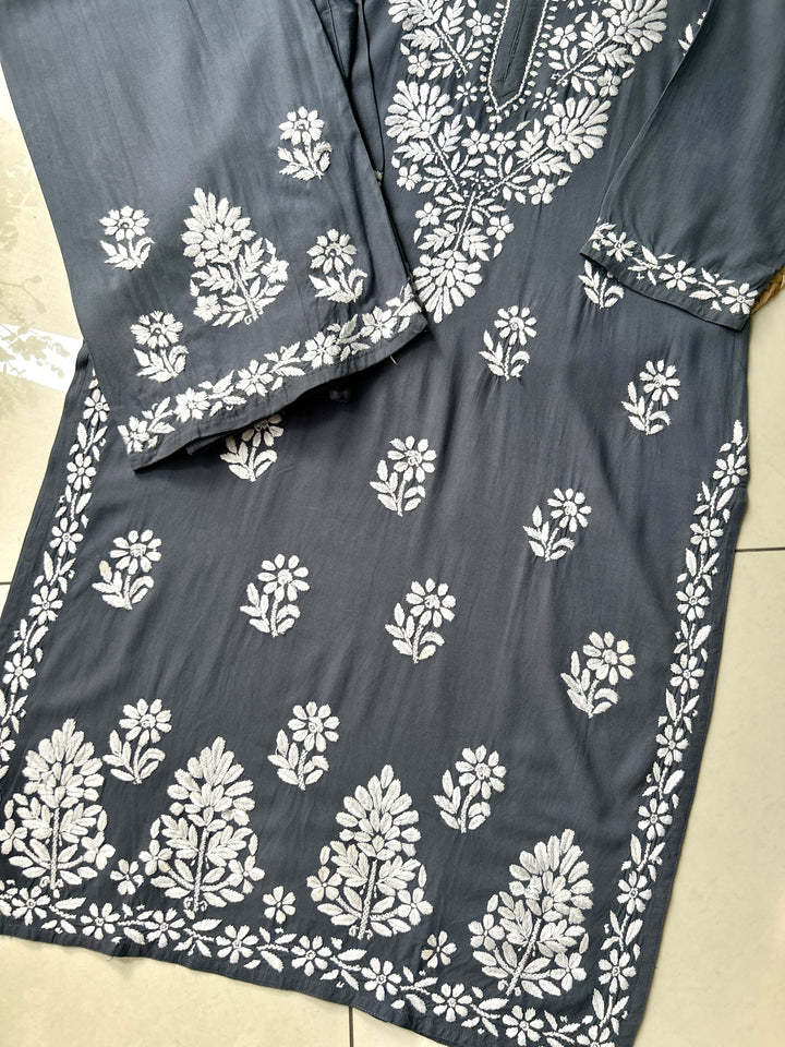 Charcoal Sangriya Rayon Chikankari Handwork women kurta palazzo set