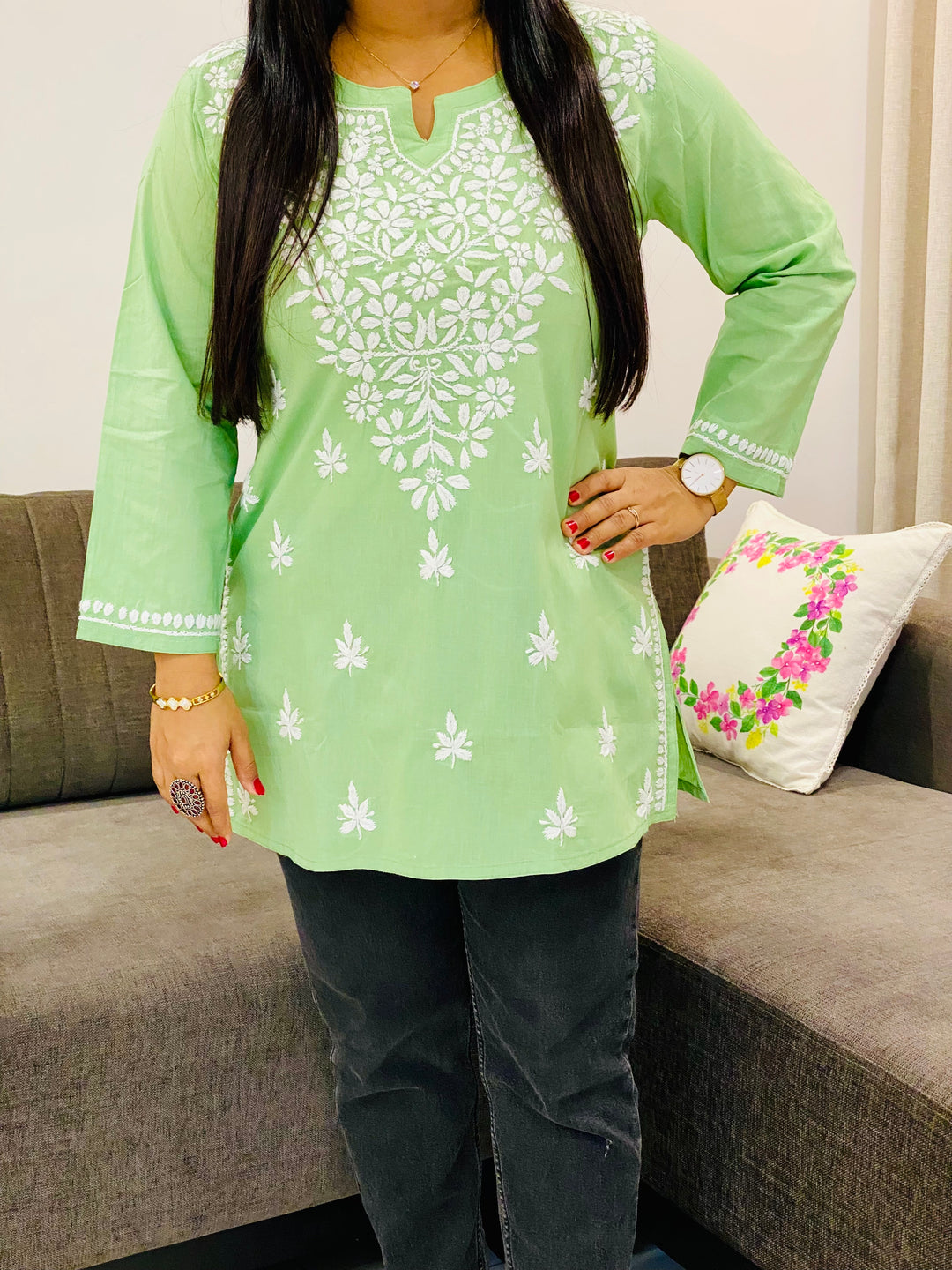 Pista Ekra Cotton Chikankari Solid Women's Short Kurta