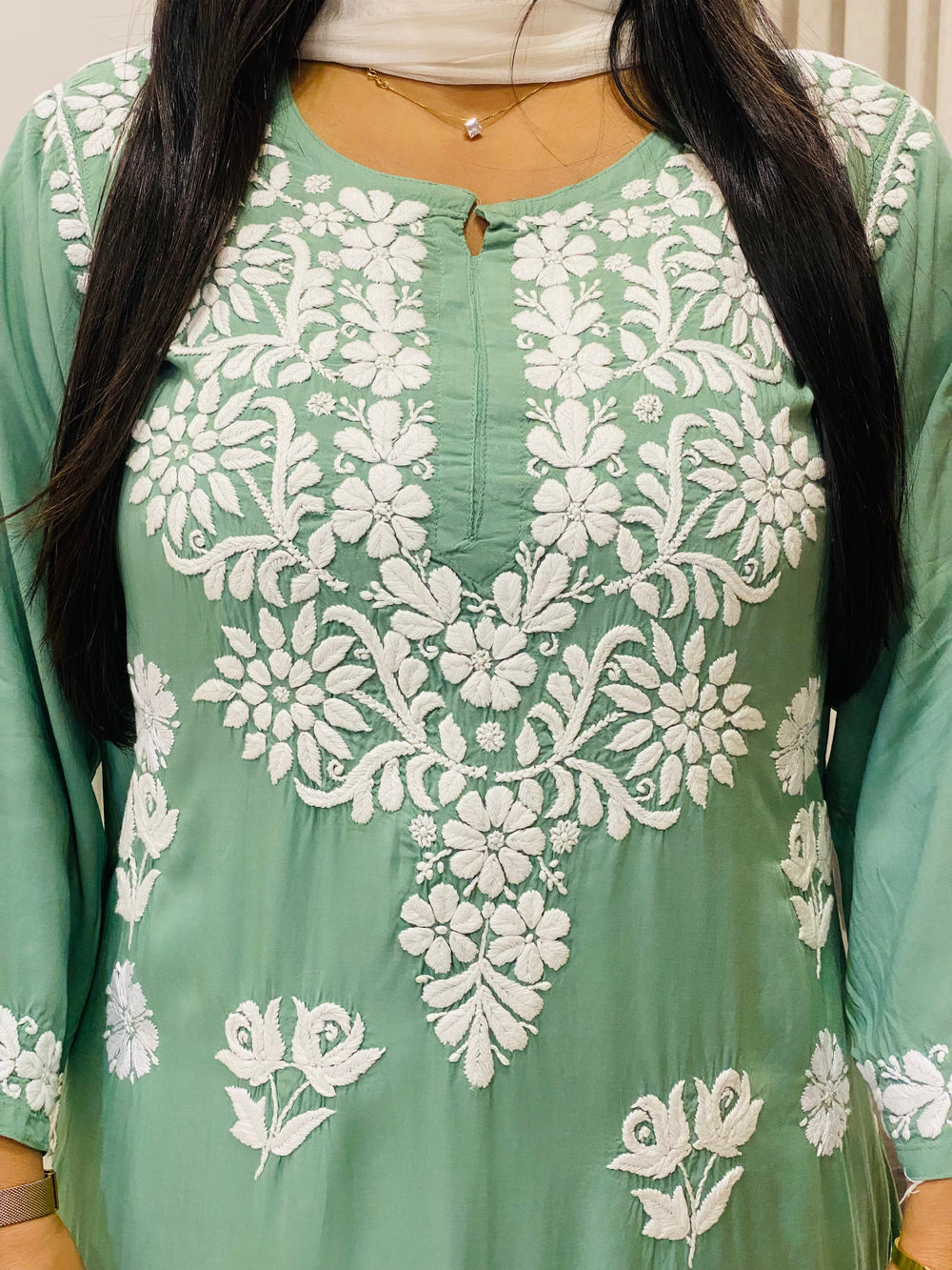Army Green Bahar Premium Modal Chikankari Women's Long Solid Kurta