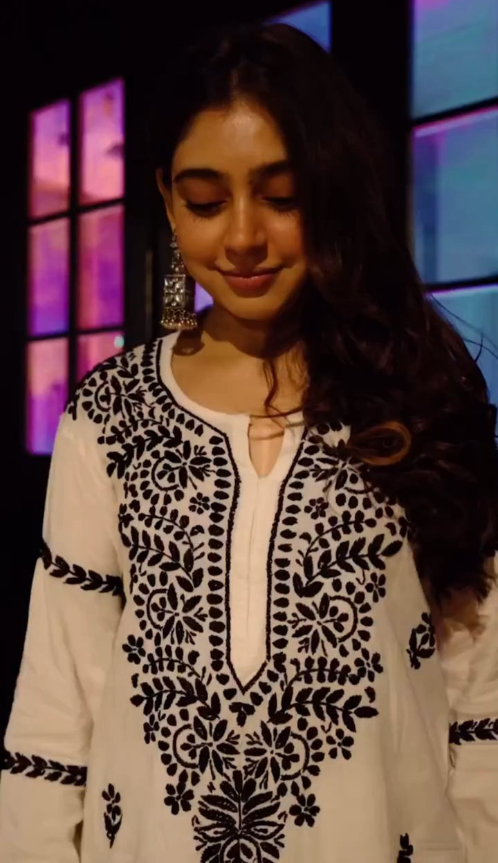 White Sheela Premium Modal Chikankari Women's Solid Long Kurta Palazzo set