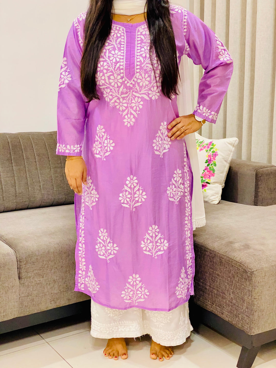 Lavender Rida Premium Chanderi Chikankari Women's Solid Long Kurta