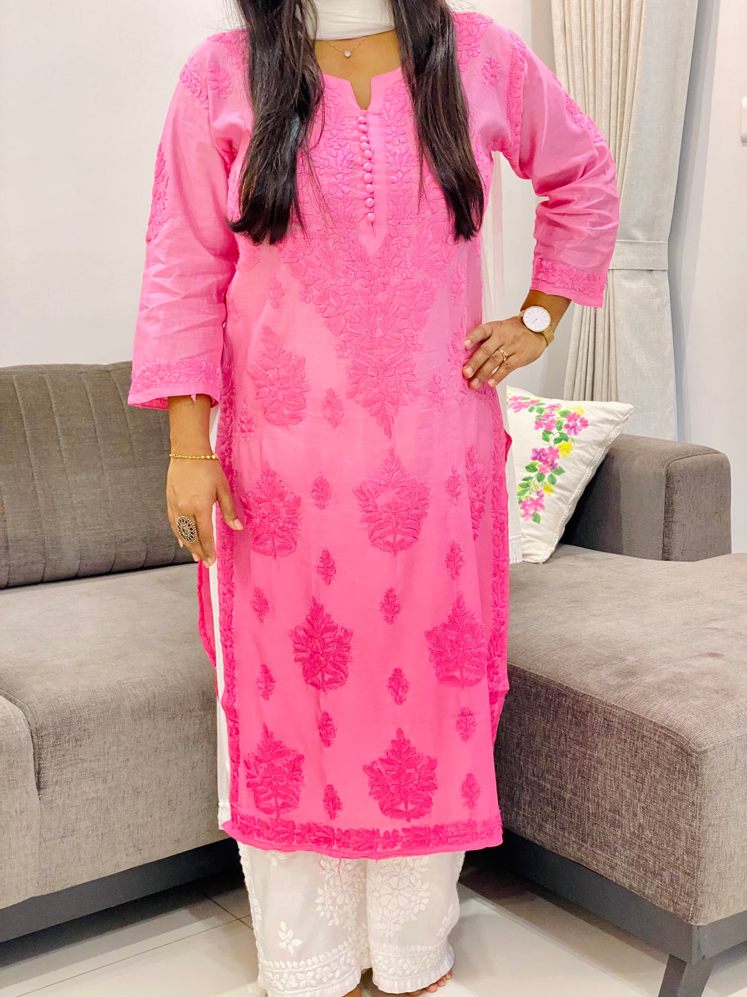 Baby Pink Butta Jaal Chanderi Silk Chikankari Women's Solid Long Kurta