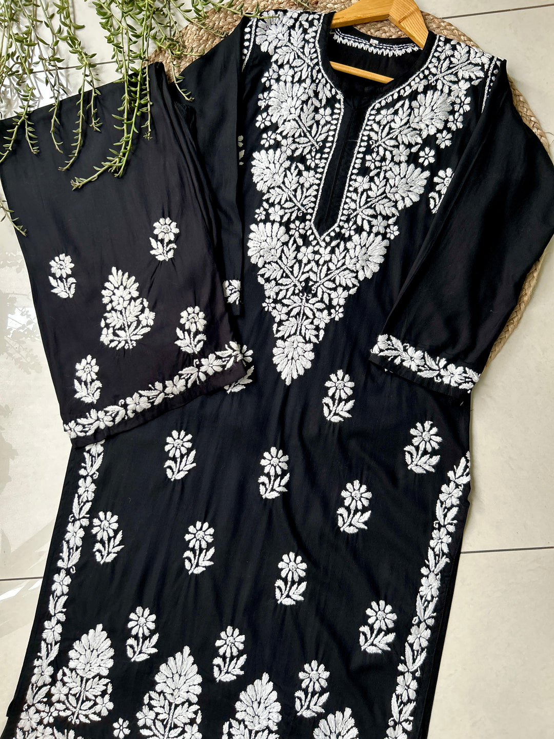 Black Sangriya Rayon Chikankari Handwork women kurta palazzo set
