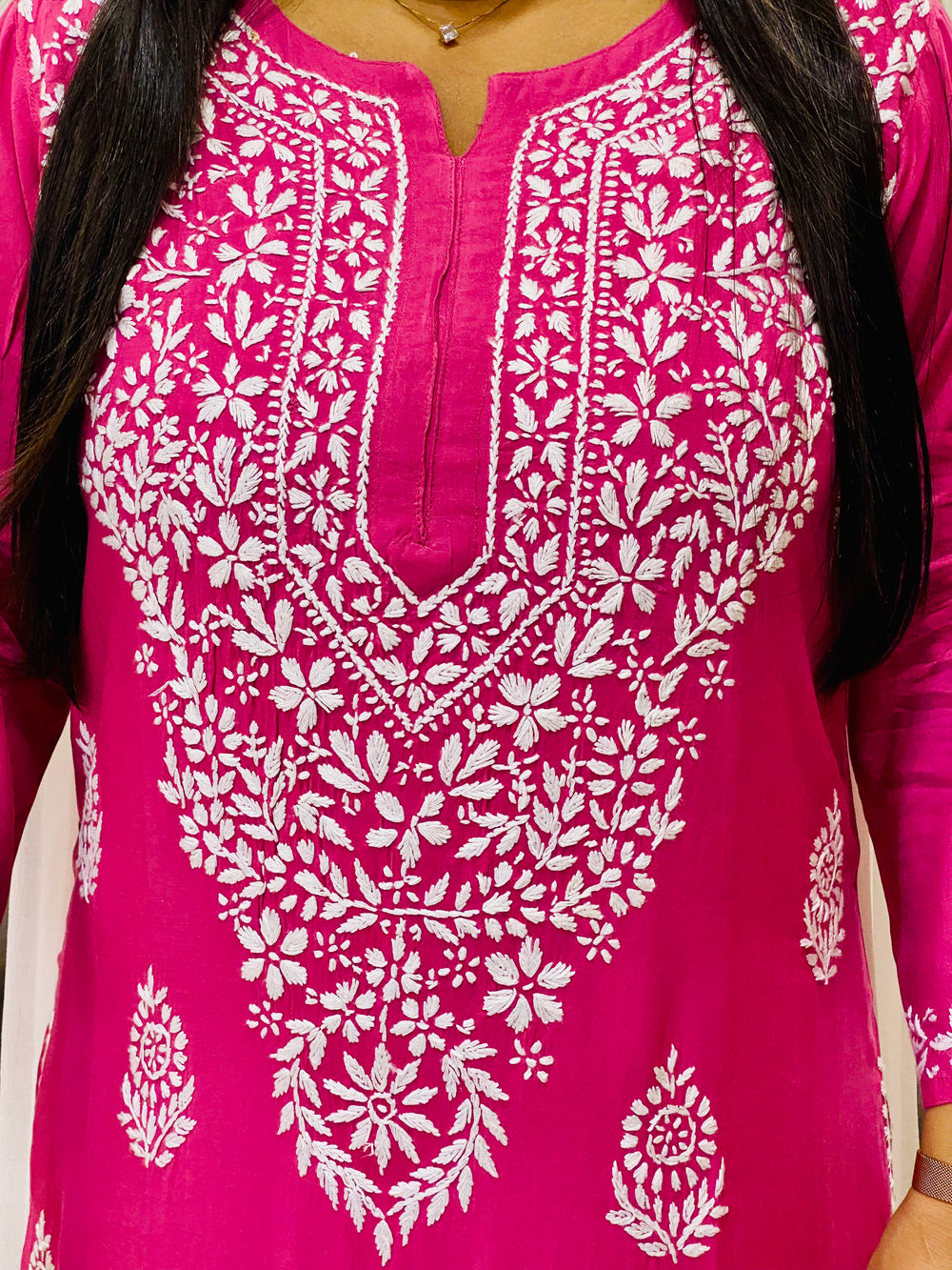 Dark Pink Niya Premium Modal Chikankari Solid Women's Long Kurta