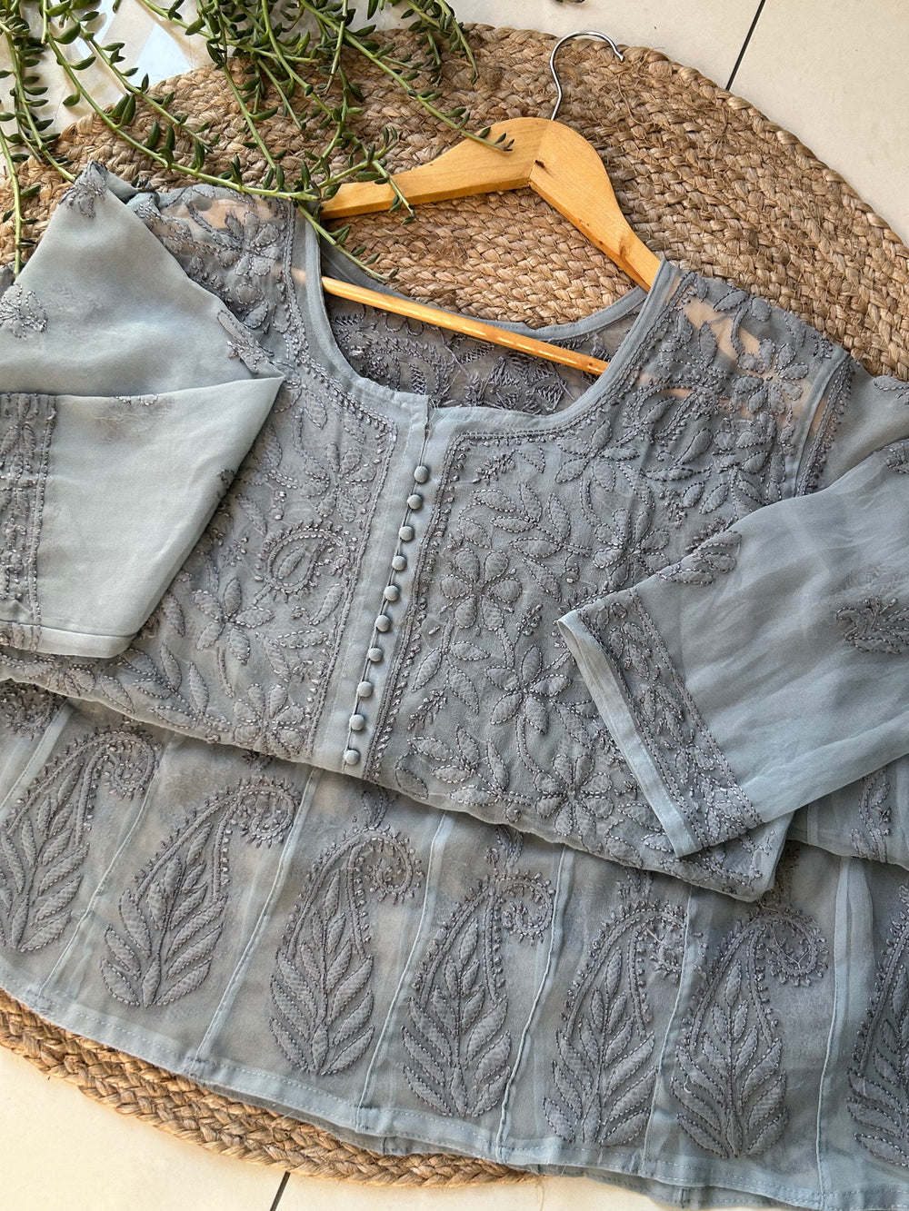 Grey Tara Resham Chikankari Hand Embroidered Women's Yog Anarkali Kurta