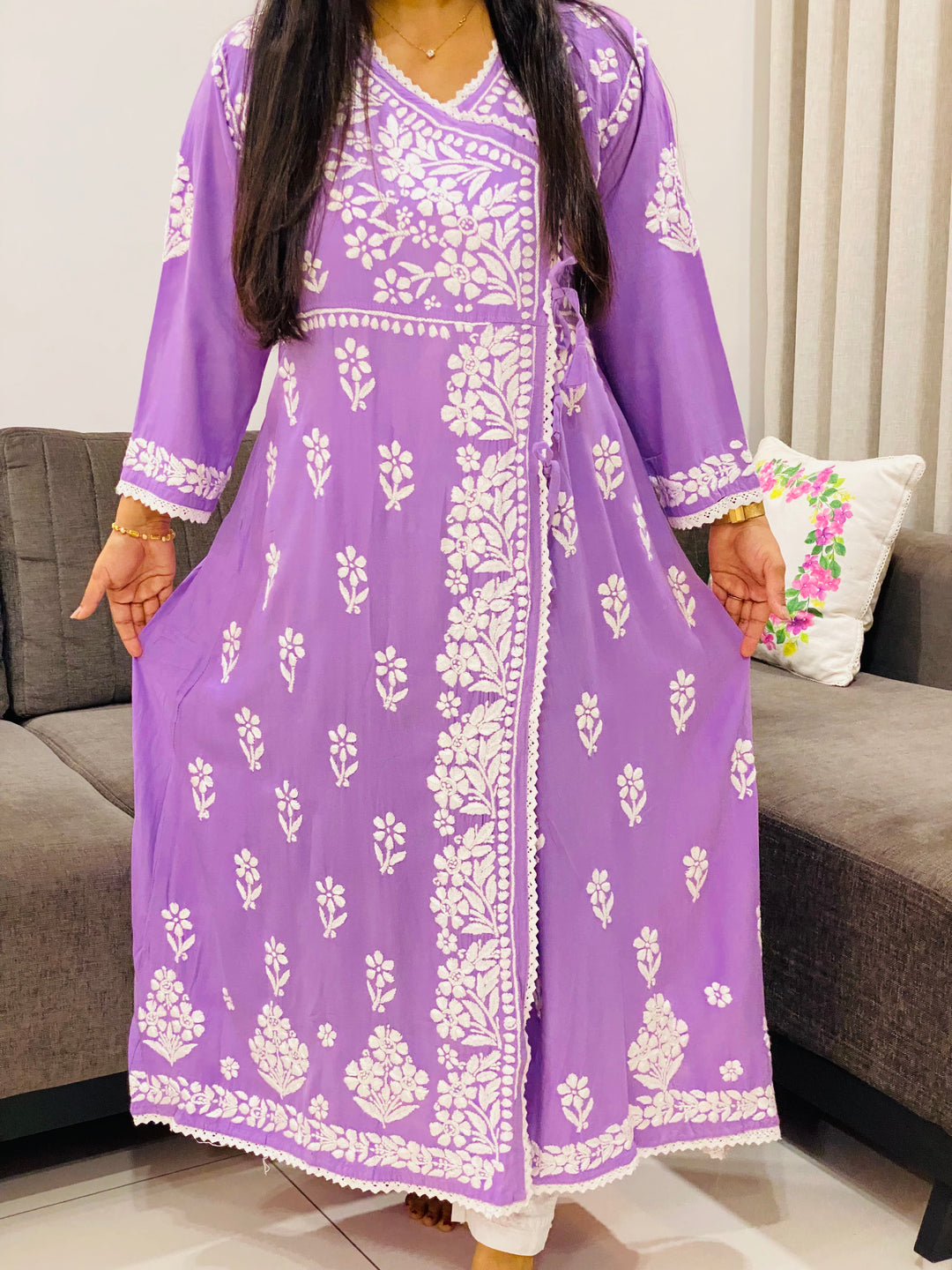 Lavender Tripti Rayon Chikankari Handwork Solid Women's Angrakha Kurta