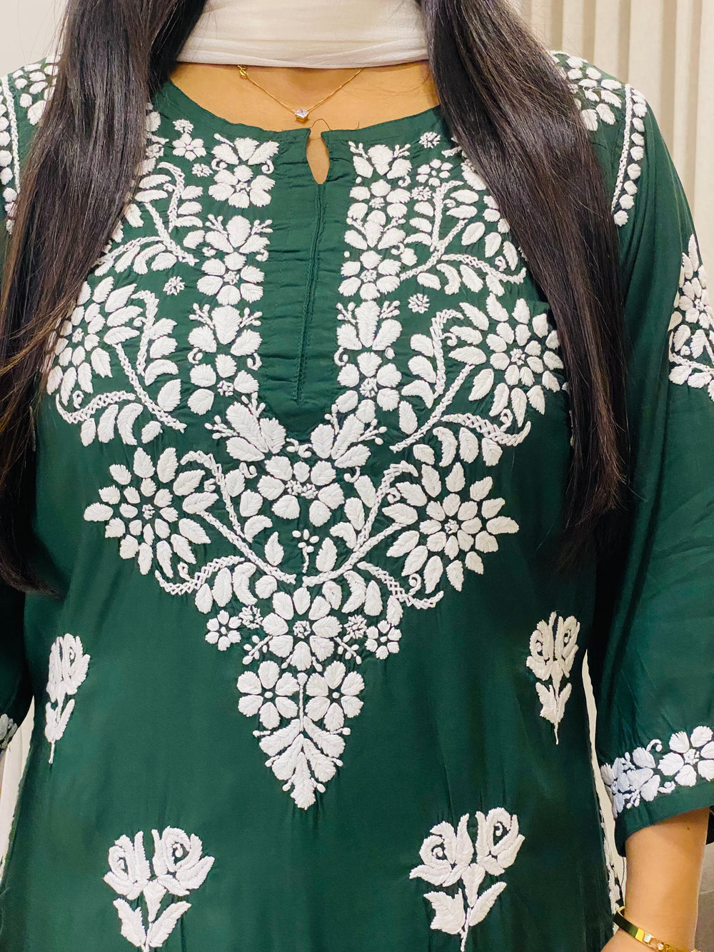 Bottle Green Bahar Premium Modal Chikankari Women's Long Solid Kurta