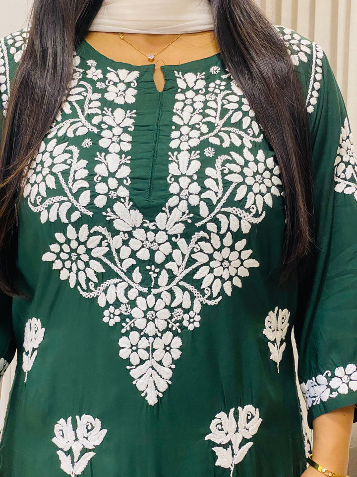 Bottle Green Bahar Premium Modal Chikankari Women's Long Solid Kurta