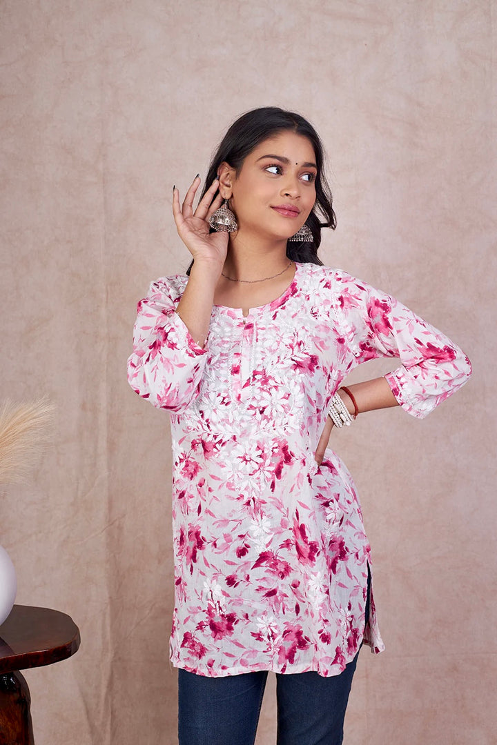 Pink Kannika Mulmul Printed Short kurti