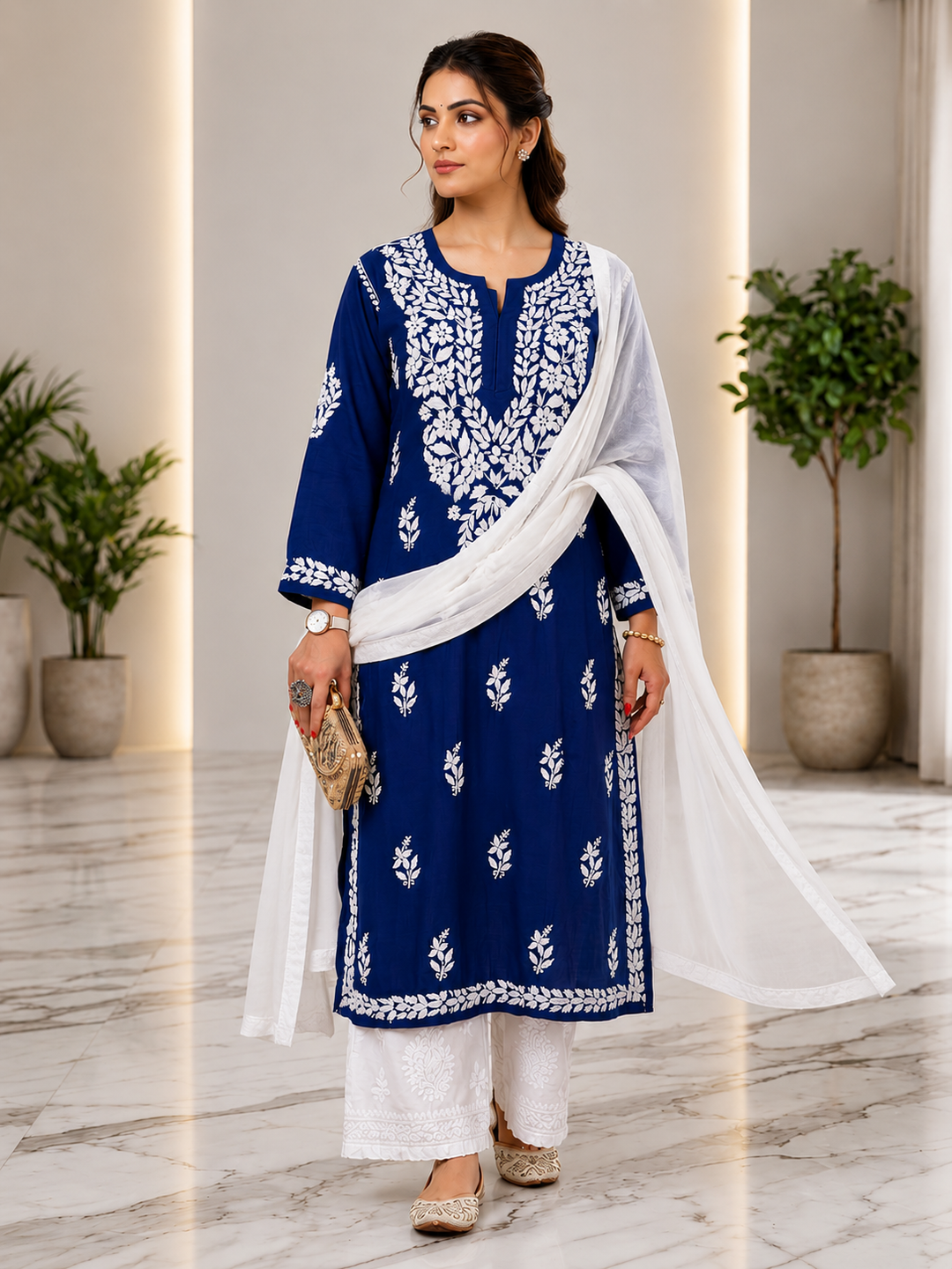 Falak 3D Chikankari Hand Embroidery Design Rayon Womens Kurta - Navy Blue